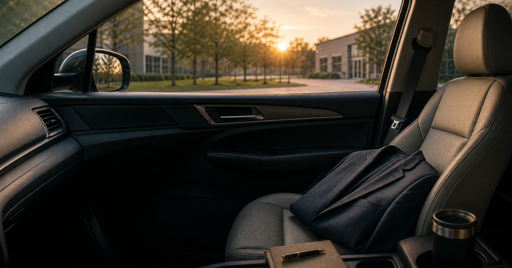 An empty passenger seat holding a suit jacket in the early morning light outside a school